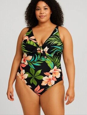 Shade & Shore Black Floral Tie Front One Piece Swimsuit Size 16 NWT
